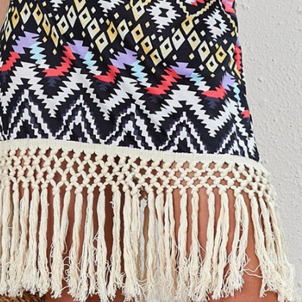 Boho Summer Tie Halter Top Backless Tassel Hem Midi Dress in Zig Zag & Geomet - Picture 7 of 8